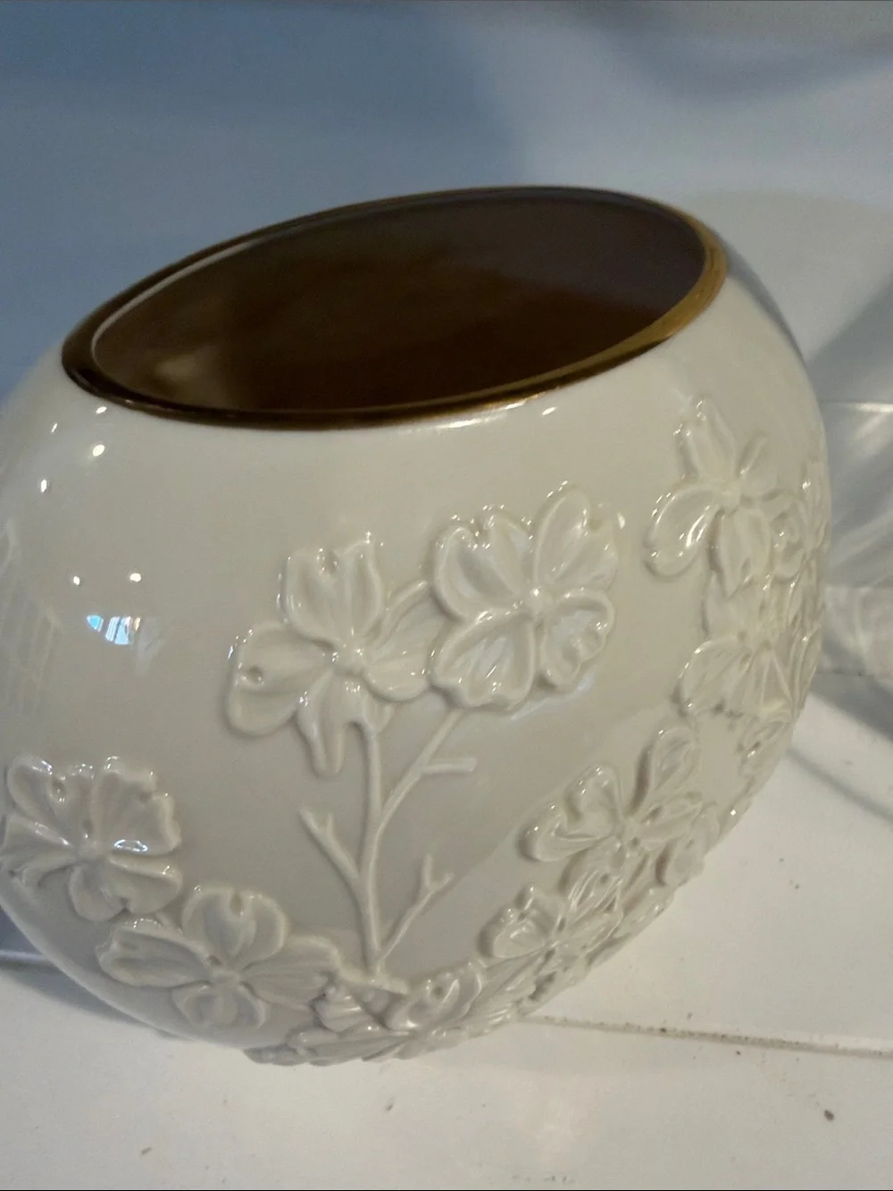 Lenox White Embossed Floral Ceramic Globe Vase